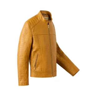 Chaqueta de cuero genuino grabado para hombre, estilo motero, con cremallera frontal, cuello alto y bolsillos. Personalizable. OEM. Otoño. - Product Image 4