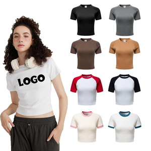 Tops Cortos Casuales de Manga Raglán para Mujer, 100% Algodón, Color Sólido, Cuello Redondo, Transpirables, para Todas las Temporadas, Venta al Por Mayor OEM, Personalizados con Impresión - Product Image 1