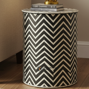 Handcrafted Modern Eco-Friendly Black & <b>White</b> Bone Inlay Nightstand with 2 Drawers Floral Pattern Round <b>Bedside</b> Cabinet - Product Image 3