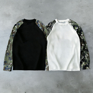 OEM Heavyweight Raglan Camouflage Print Sleeves Waffle Knit <b>Long</b> Sleeve Jersey Men's Streetwear Oversized Full Sleeve <b>T</b> <b>Shirt</b> - Product Image 1
