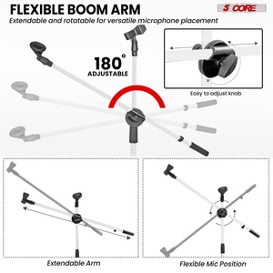 5 Core Mic <b>Stand</b> Floor Height 4Pcs Adjustable Tripod <b>Microphone</b> <b>Stands</b> w Extending Telescoping Boom Arm - Product Image 3