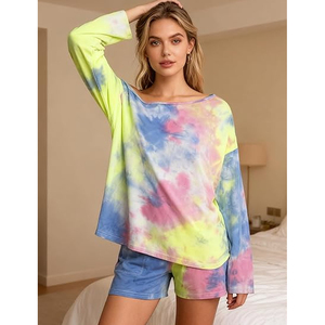 Conjunto de camiseta de color liso y pantalones cortos de ciclista para mujer, ajuste holgado, atuendo informal de verano, venta al por mayor, tie dye - Product Image 2