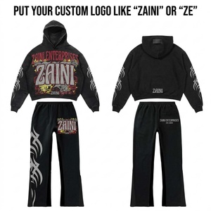Men Black Cotton Fleece Tracksuit 350 GSM Acid <b>Wash</b> Cropped Hoodie Wide Leg Pants <b>Screen</b> Print Custom Logo Streetwear Apparel - Product Image 1
