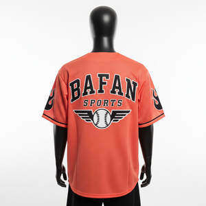 Camiseta 100% algodón para hombre, corte holgado, estampada, estilo jersey de béisbol, color naranja, con botones, paneles negros, logotipo bordado en sarga. - Product Image 2