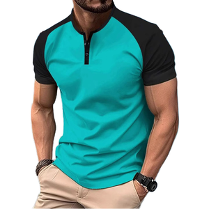 <b>Mens</b> Color Block Short Sleeve Contrast Sleeve Turquoise Black Cotton T-<b>Shirt</b> Custom Logo OEM ODM Wholesale Apparel - Product Image 1