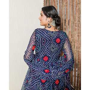 Ensemble de costume de fête Brinda Blue Bandhani à col en V et taille ample, tissu tissé respirant avec broderie, taille XS - Product Image 2