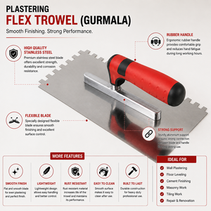 Truelle à plâtrer professionnelle Gurmala à denture crantée avec manche en caoutchouc et lame en acier pour le ciment, le mortier, le nivellement des murs et des sols, et les travaux de maçonnerie - Product Image 2