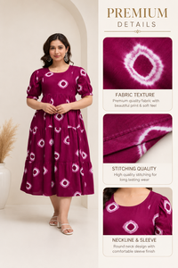 Magenta Solid Eco-Friendly Vintage Floor-Length Dress Short Sleeve Cotton Bohemian Neck Fit and Flare Plus Size Party Wear - Product Image 5
