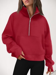 Sweat-shirt rouge à col montant et demi-zip, couleur unie, manches longues, en polaire, coupe oversize, grande taille, haut d'automne pour femme - Product Image 5