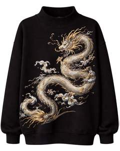 Sweat-shirt en molleton noir surdimensionné personnalisé pour femme, col montant, imprimé dragon, pull chaud décontracté, streetwear, haut tendance hiver - Product Image 1
