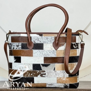 Stylish <b>Genuine</b> Cowhide <b>Leather</b> Tote <b>Bag</b> for Women with Detachable Strap Zipper Closure Shoulder Patchwork Handbag for Women - Product Image 1