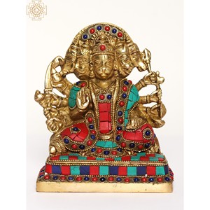 Sculpture en laiton artisanale de 6 pouces Lord Panchamukhi Hanuman avec travail d'incrustation complexe - Product Image 4