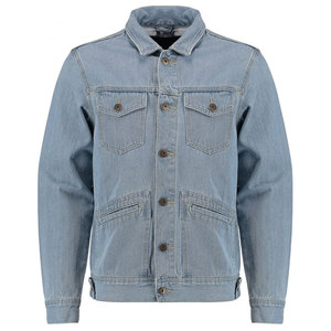 Veste en jean bleu clair pour homme, coupe droite, boutonnée, décontractée, en tissu de coton tissé délavé, vente en gros - Product Image 4
