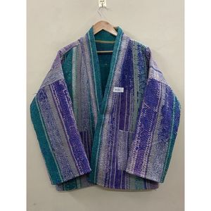 Handmade 100% Cotton Patchwork kantha <b>Kimono</b> <b>Jacket</b> Full Sleeve Shawl Collar Eco-Friendly Women's Wear <b>jacket</b> - Product Image 4