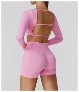 New Arrival High Quality Gym Sports Fitness Yoga <b>Athletic</b> Top Short Leggings Set for Women Quick Dry Solid Pattern Front - Product Image 3