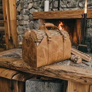 Sac de transport pour bois de chauffage en cuir véritable et bois, robuste, portable, fait main, porte-bûches pour foyer, anti-odeur, pliable - Product Image 3