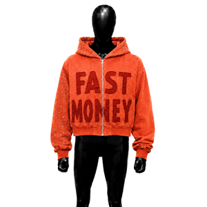 เสื้อฮู้ดซิปสีส้มสำหรับผู้ชาย ลายกราฟิก FAST MONEY ผ้าฟลีซตัวใหญ่ แขนเสื้อประดับคริสตัล สไตล์สตรีทแวร์ลำลอง แฟชั่นสตรีทแวร์ตัวใหญ่ - Product Image 1