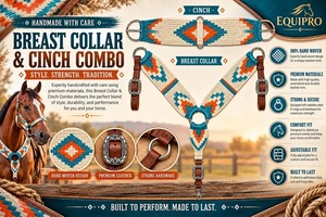 EQUIPO: Conjunto de Cinturón y Pechera para Caballo de Cuero Trenzado y Lana, Patrón Geométrico Marrón con Hebillas Concho, de Uttar Pradesh - Product Image 2