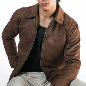 Men's Brown <b>Suede</b> Leather <b>Jacket</b> With Zipper Closure Turn-down Collar Casual Autumn Wear Slim Fit Regular Length - Product Image 5