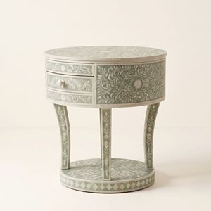 Handcrafted Bone Inlay Light Green <b>Round</b> Nightstand with 2 Drawers Floral Inlay Luxury Bedroom Furniture Home Decor - Product Image 4