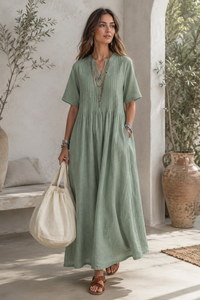 Boho Sage Green V Neck Pleated Flared Linen Blend Maxi <b>Dress</b> Short Sleeve <b>Loose</b> Fit Casual Vintage Summer Beach Women's <b>Dress</b> - Product Image 6