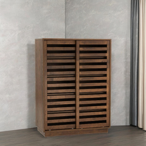 Walnut-finish wooden shoe rack cabinet with sliding slatted doors, perfect for minimalist entryways. - Product Image 1