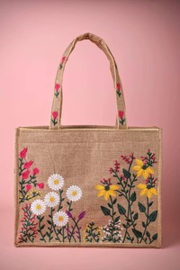 Best Selling Jute Carry Bags with Beautiful Handles and Embroidery Work Floral Design for Women Daily Use Available for Sale - Product Image 2