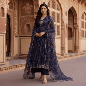 Ensemble Kurta Évasé Longueur Mollet Bleu Marine Imprimé Bandhani en Soie Delta Entièrement Cousu Toutes Tailles Vente en Gros Collection Festive - Product Image 1