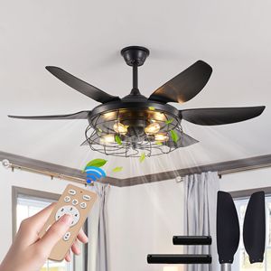 Ventilatore da soffitto moderno industriale da 52 pollici con design a gabbia e luce, 6 pale, velocità regolabile per soggiorno e camera da letto, nero - Product Image 1