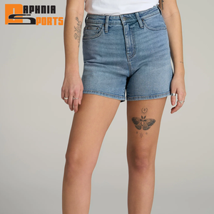 Shorts en jean taille haute pour femme, mi-cuisse, décontractés d'été, brodés, délavés, coupe skinny droite, respirants - Product Image 1