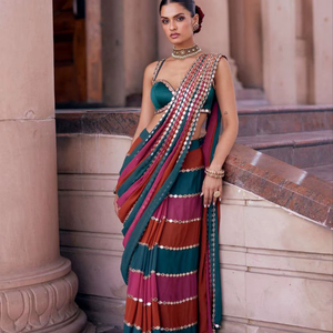 Sari de Georgette Sintético Estilo Bollywood con Forro Estampado Patta, Trabajo de Espejo Original y Blusa Sin Coser de Seda Mono Banglori - Product Image 1