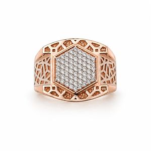 <b>Mens</b> 18KT Rose Gold Hexagon Micro Pave Cubic Zirconia Signet <b>Ring</b> Geometric Cutout Statement Band Wedding Party Gift Jewelry - Product Image 1