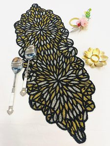 Embroidered Geometric Table Runner Bohemian Home Decor Yellow Gray Black Washable Pattern - Product Image 1