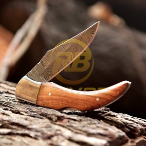 Navaja de bolsillo plegable de acero de Damasco hecha a mano con mango de madera |   Cuchilla de 7 Pulgadas con Punta Caída, Opción OEM, para Caza, Camping y Supervivencia - Product Image 3