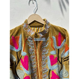 Veste en velours brodée pour femme, col mandarin, manches longues, motif floral, faite à la main, sans fermeture, manteau d'automne - Product Image 2