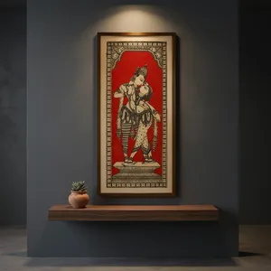 Cuadro Tradicional Rectangular de Radha Krishna para Decoración de Pared |   Obra de arte mitológica india hecha a mano |   Marco Decorativo para el Hogar de Estilo Étnico Rojo y Negro - Product Image 4