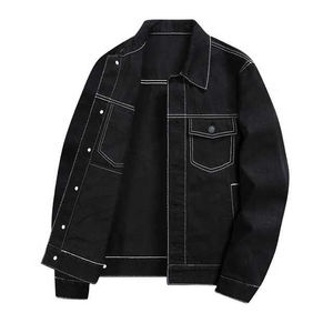 Men's <b>Black</b> <b>Denim</b> Trucker <b>Jacket</b> White Contrast Stitching Minimalist Streetwear Button Front <b>Hooded</b> Windproof Cotton Lining - Product Image 5