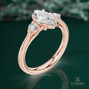 Marquise Cut Three <b>Stone</b> Trellis Basket Plain Band Gold Engagement Ring with Round Side Stones Classic Women's Fine Jewelry - Product Image 5