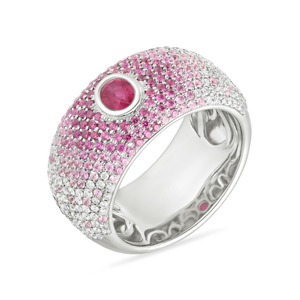 Luxury Women's <b>Cocktail</b> <b>Ring</b> 18K <b>Gold</b> Ruby Center Pave Pink Sapphires White Diamonds Party Jewelry - Product Image 1
