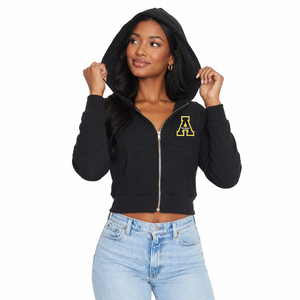 Sweat à capuche court noir pour femme avec broderie lettre A jaune sur le devant, manches longues, en coton tricoté, idéal pour l'automne - Product Image 1