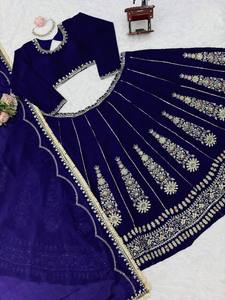 Blue Embroidered <b>Indian</b> Pakistani Lehenga Set Long Sleeve Blouse Crop <b>Top</b> Pleated Dress Wedding Festival Wear - Product Image 3