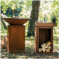 Barbecue extérieur moderne en acier Corten avec foyer, grande plancha, rangement pour bois et télécommande - Usage commercial pour jardin et cour arrière