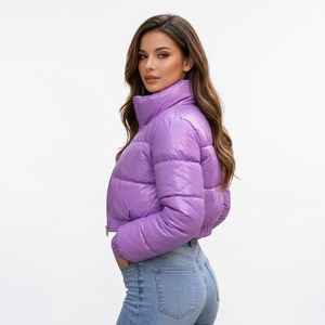 High Quality Purple Quilted Puffer <b>Jacket</b> With Stand Collar Zipper Closure <b>Short</b> Winter Coat For Women Solid Color Polyester - Product Image 3