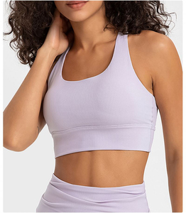 Top Deportivo Sin Costuras Acanalado Morado Claro para Mujer, Sujetador Deportivo Halter Sin Varillas con Espalda Cruzada para Yoga - Product Image 1