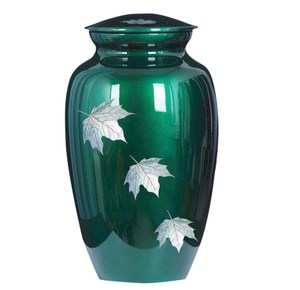 Urne funéraire classique en métal vert de haute qualité, personnalisée pour animaux de compagnie adultes, imprimée avec des feuilles tombantes, biodégradable et respectueuse de l'environnement pour les cendres - Product Image 1