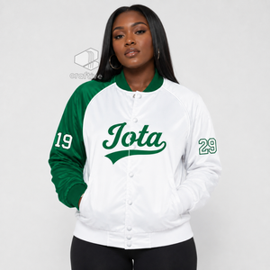 Iota Phi Lambda Sorority Women's Green <b>White</b> Contrast Satin Varsity Jacket Snap <b>Button</b> Front Rib Knit Collar Cuffs College Wear - Product Image 5