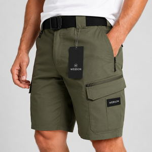 Short cargo uni olive pour homme Webson, taille mi-haute élastique, respirant, style décontracté urbain, 100 % coton - Product Image 6