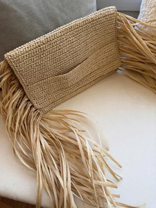 Bolso de Mano Tipo Clutch de Rafia de Papel Tejido a Crochet con Borla y Bordado, Impermeable, Duradero, Plegable, Hecho a Mano para Bodas - Product Image 6