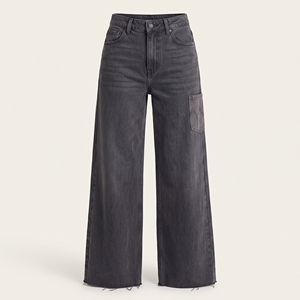 Pantalones Vaqueros de Cintura Alta y Pierna Ancha, Color Sólido, Lavado Arena, Corte Holgado, Estilo Casual, Tela de Algodón, para Otoño, ODM OEM - Product Image 3