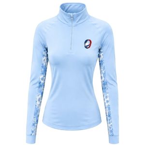 Haut de sport personnalisé bleu clair pour femme avec fermeture éclair quart de tour, manches longues à empiècements floraux, idéal pour l'entraînement en extérieur - Product Image 1